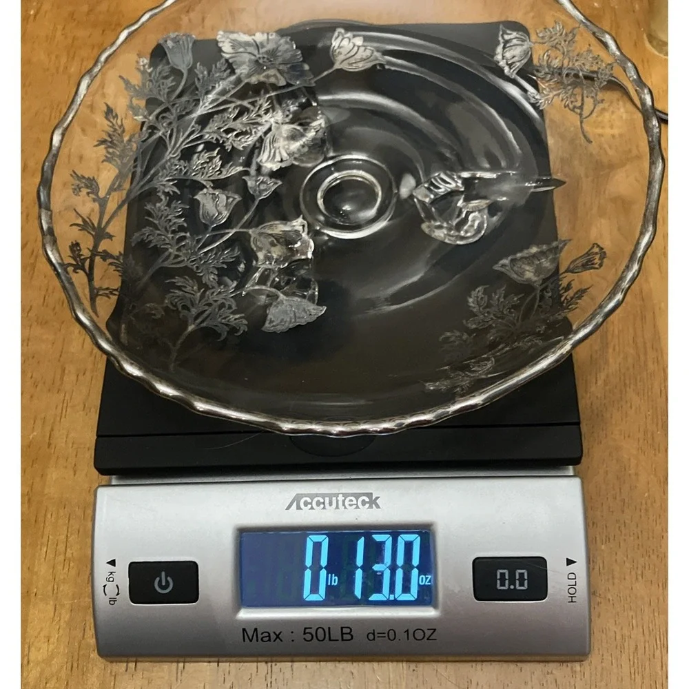 VTG Silver City Flanders Silver Overlay Glass Footed Tray Poppy Floral Design